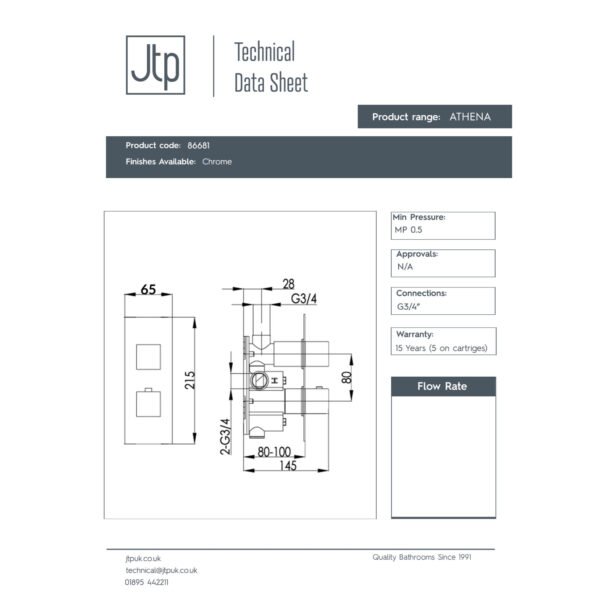 Just Taps Plus Athena 3 Outlet With 2 Handle Slimline Thermostatic Concealed Shower Valve - Chrome - Image 2