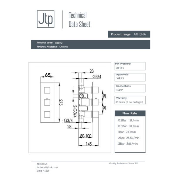 Just Taps Plus Athena 2 Outlet With 3 Handle Slimline Thermostatic Concealed Shower Valve - Chrome - Image 2