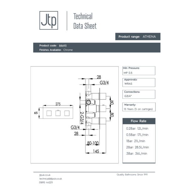 Just Taps Plus Athena 2 Outlets Slimline Horizontal Thermostatic Concealed Shower Valve - Chrome - Image 2