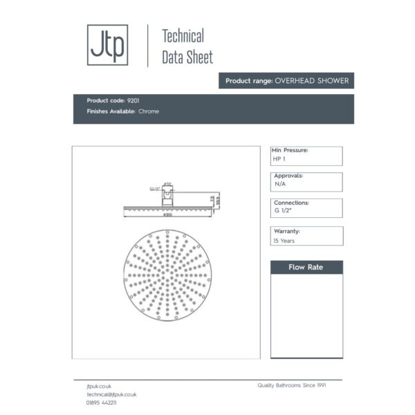 Just Taps Plus Rain Fixed Shower Head - 300mm Diameter - Chrome - Image 2