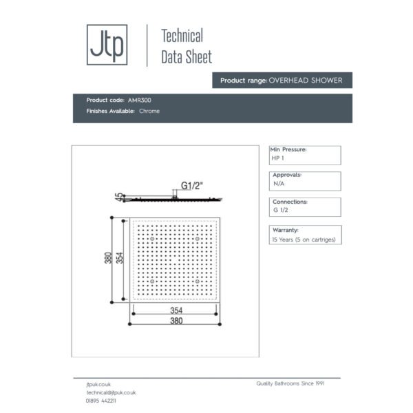 Just Taps Plus Aquamist Square Ceiling Mounted Fixed Shower Head - 380mm X 380mm - Chrome - Image 2