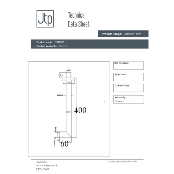 Just Taps Plus Sam Square Wall Mounted Shower Arm - 400mm Long - Chrome - Image 2