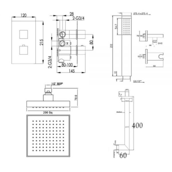 Just Taps Plus Athena 2 Outlet Thermostatic Square Concealed Mixer Shower With Fixed Head - Chrome - Image 2