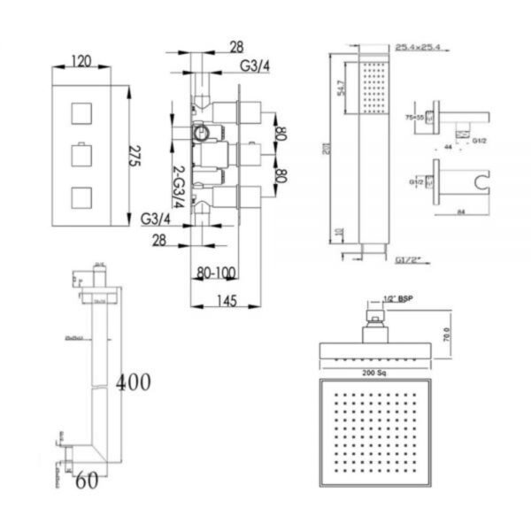 Just Taps Plus Athena 2 Outlet Thermostatic Square Concealed Mixer Shower With Shower Handset - Chrome - Image 2