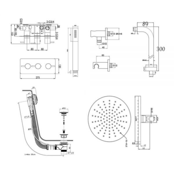 Just Taps Plus Florence 3 Outlet Thermostatic Concealed Shower Valve With Shower Arm,Overhead Shower,Click Clack Exofil - Chrome - Image 2