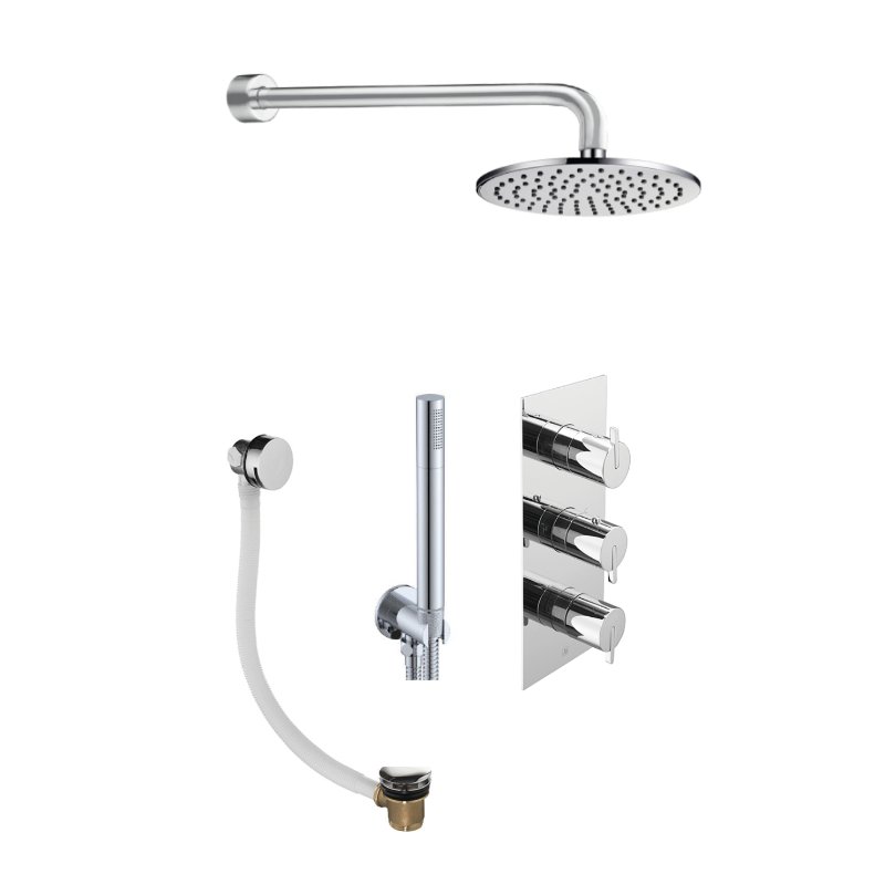 Just Taps Plus Kio 3 Outlet Shower Valve,Shower Arm,Overhead Shower,Water Outlet And Holder,Exofil Click Clack - Chrome