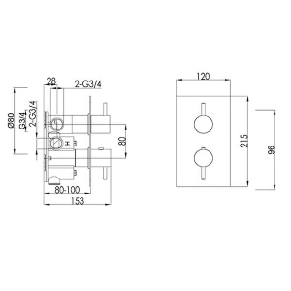 Just Taps Plus Vos 2 Outlet Thermostatic Concealed Shower Valve With Designer Handle - Image 2
