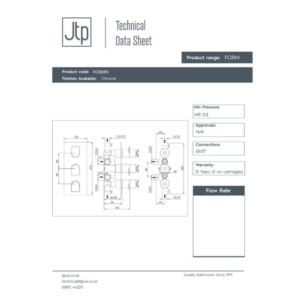 Just Taps Plus Form 2 Outlet 3 Handle Thermostatic Concealed Shower Valve - Chrome - Image 2
