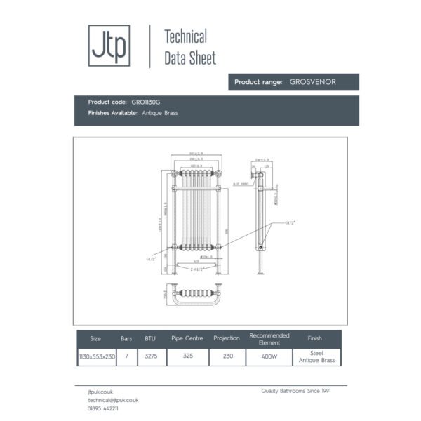 Just Taps Plus Grosvenor Radiator Heated Towel Rail - Antique Brass - Image 3