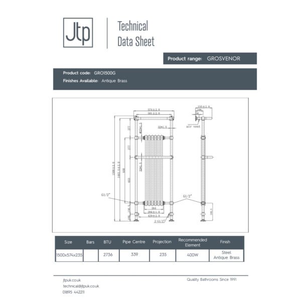Just Taps Plus Grosvenor Radiator Heated Towel Rail - Antique Brass - Image 4