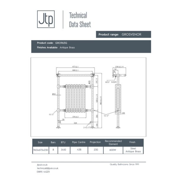 Just Taps Plus Grosvenor Radiator Heated Towel Rail - Antique Brass - Image 2