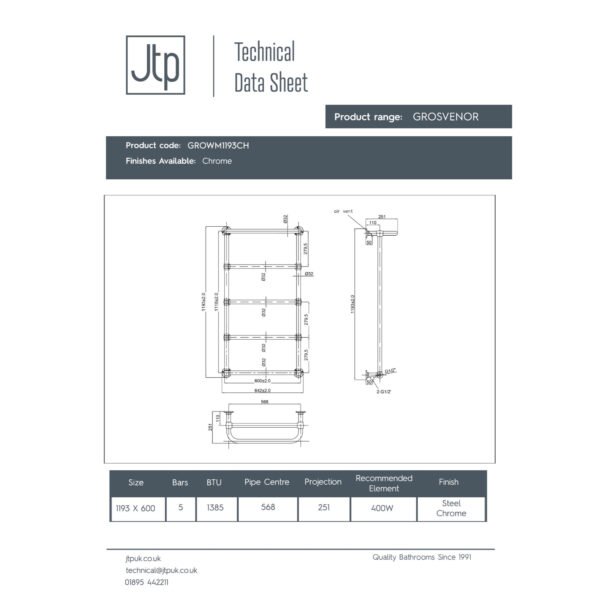 Just Taps Plus Grosvenor Wall Mounted Heated Towel Rail - Chrome - Image 3
