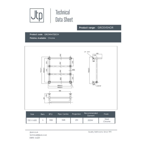 Just Taps Plus Grosvenor Wall Mounted Heated Towel Rail - Chrome - Image 2
