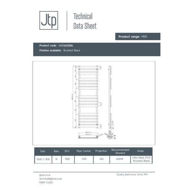 Just Taps Plus Hix Straight Heated Towel Rail - Bushed Black - Image 4