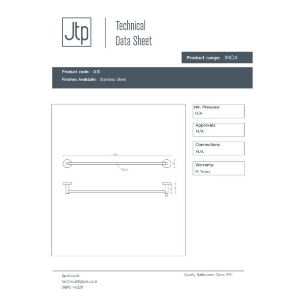 Just Taps Plus Inox Single Towel Rail - Stainless Steel - Image 2