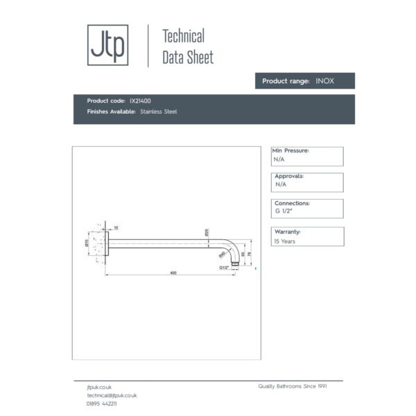 Just Taps Plus Inox Round Wall Mounded Shower Arm - 400mm Long - Stainless Steel - Image 2