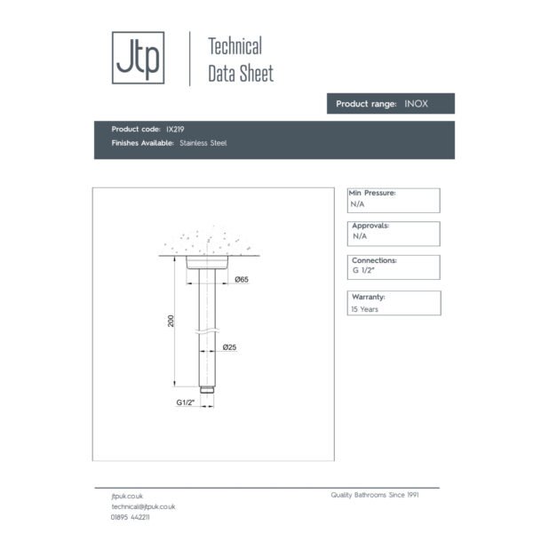 Just Taps Plus Inox Round Ceiling Shower Arm - 200mm Long - Stainless Steel - Image 2