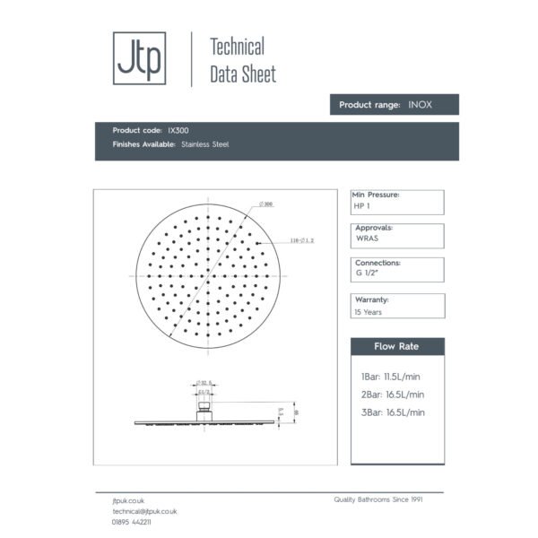 Just Taps Plus Inox Slim Round Fixed Shower Head - 300mm Diameter - Stainless Steel - Image 2