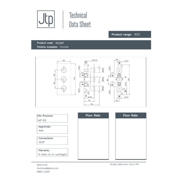 Just Taps Plus Kio 3 Outlet 3 Handle Thermostatic Concealed Shower Valve - Chrome - Image 2
