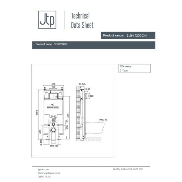 Just Taps Plus Slim Wall Mounted Wc Frame And Dual Flush Cistern - 1200mm X 500mm - Image 2