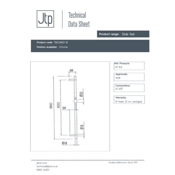 Just Taps Plus Techno Slider Rail With Single Function Shower Head And Shower Hose - Chrome - Image 2