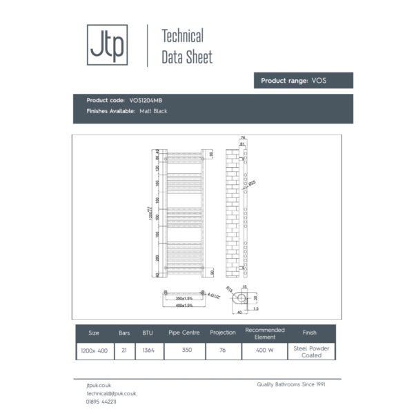 Just Taps Plus Vos Straight Heated Towel Rail - Matt Black - Image 5