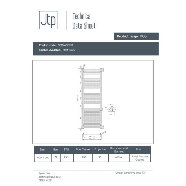Just Taps Plus Vos Straight Heated Towel Rail - Matt Black - Image 8