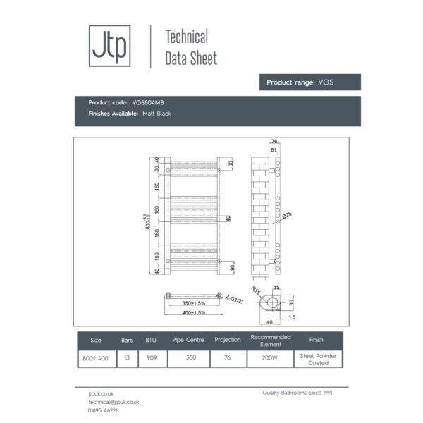 Just Taps Plus Vos Straight Heated Towel Rail - Matt Black - Image 2