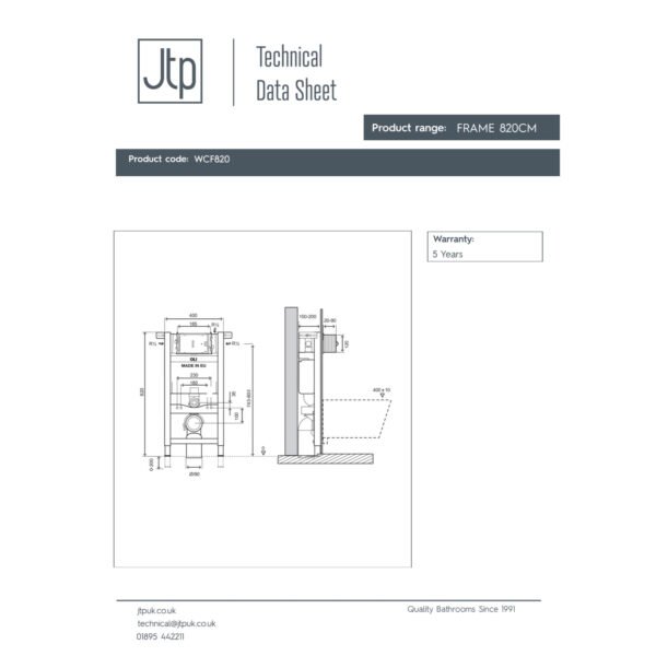 Just Taps Plus Pre-Wall Freestanding Wc Frame With Brackets And Bend - 820mm X 400mm - Image 2