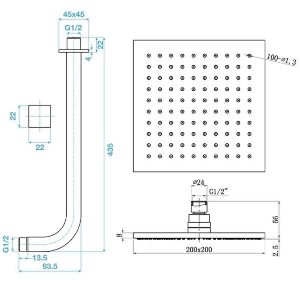 Tissino Mario Square Fixed Shower Head With Wall Mounted Curved Shower Arm - Chrome - Image 2