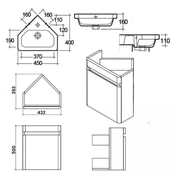 RAK Resort Corner Wall Hung Vanity Unit with Basin - 450mm Wide - Image 2
