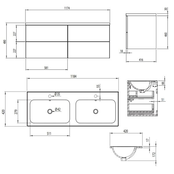 Tavistock Cadence 4 Drawer Wall Hung Vanity Unit With Double Basin And Handles - 1200mm Wide - 2 TH - Image 10