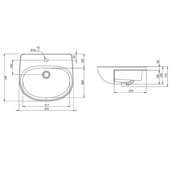 Tavistock Micra Evo Standard Depth Semi Countertop Basin - 475mm Wide - 1 TH - White - Image 3