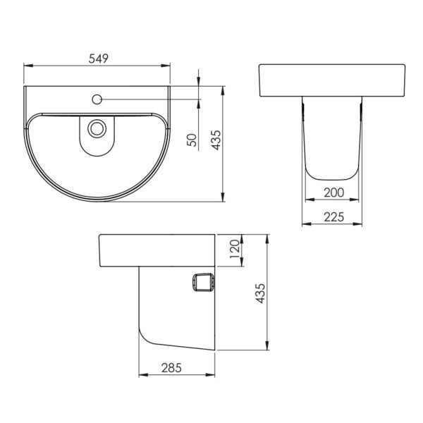 Tavistock Aerial Wall Hung Basin - 550mm Wide - 1 TH - White - Pedestal Options - Image 2