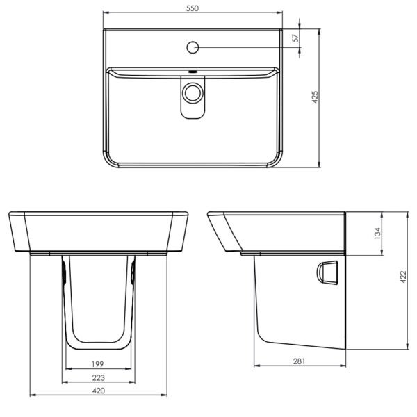 Tavistock Compass Wall Hung Basin - 550mm Wide - 1 TH - White - Pedestal Options - Image 3