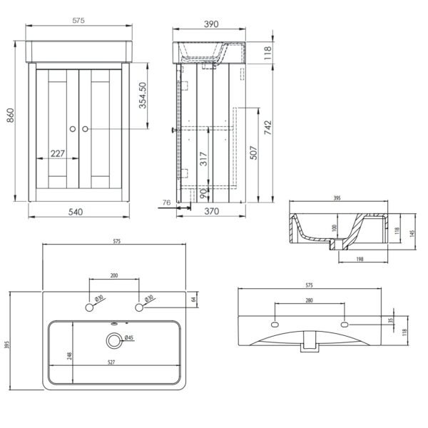 Tavistock Lansdown 2 Door Floor standing Vanity Unit With Basin - 575mm Wide - Image 2