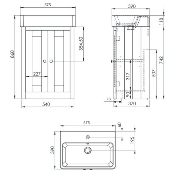 Tavistock Lansdown 2 Door Floor standing Vanity Unit With Basin - 575mm Wide - Image 7