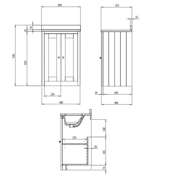 Tavistock Lansdown 2 Door Floor standing Vanity Unit With Basin And Arctic White Worktop - 600mm Wide - 1 TH - Image 6