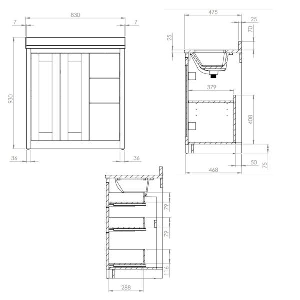 Tavistock Lansdown 2 Door And 3 Drawer Floor standing Vanity Unit With Basin And Worktop - 830mm Wide - Image 5