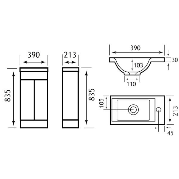 Eastbrook Oslo 2 Door Floor Standing Vanity Unit with Basin 390mm Wide 1 Tap Hole White - Image 2