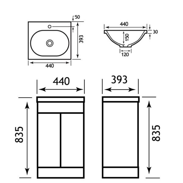 Eastbrook Oslo 2 Door Floor Standing Vanity Unit with Basin 440mm Wide 1 Tap Hole White - Image 2