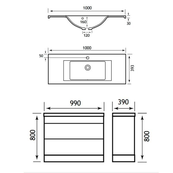 Eastbrook Oslo 2 Drawer Floor Standing Vanity Unit with Single Basin 1000mm Wide 1 Tap Hole White - Image 2