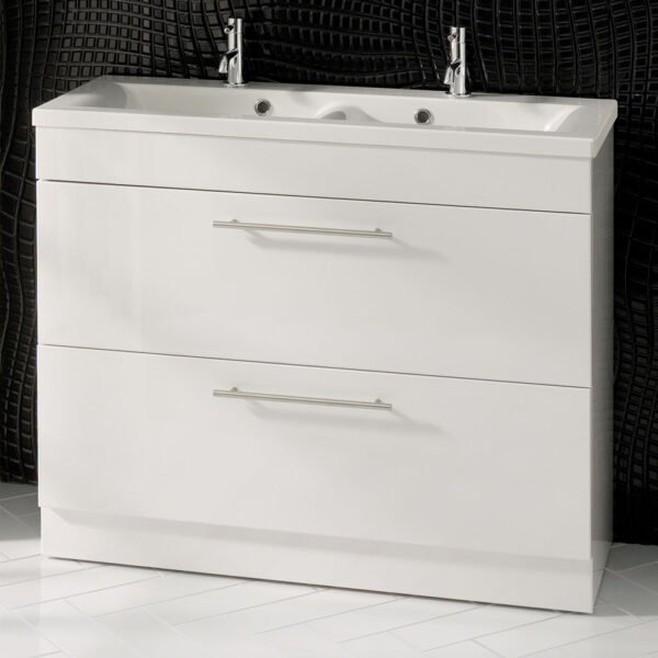Eastbrook Oslo 2 Drawer Floor Standing Vanity Unit with Double Basin 1000mm Wide 2 Tap Hole White