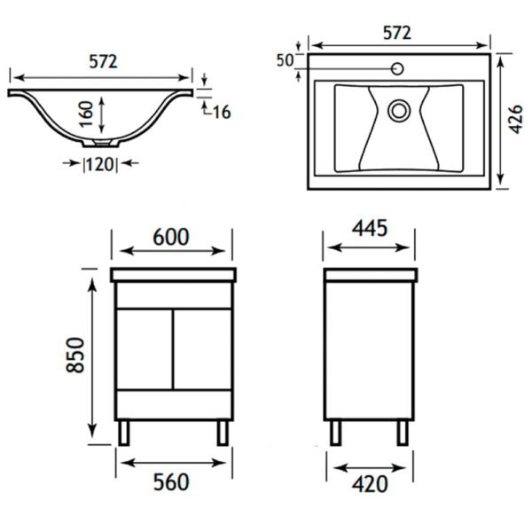 Eastbrook Sorrento/Faro 2 Door And 1 Drawer Floor Standing Vanity Unit with Basin 580mm Wide 1 Tap Hole White - Image 2