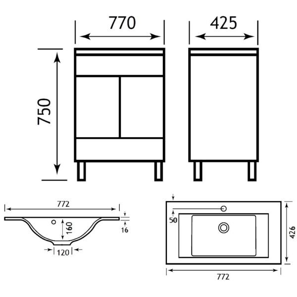 Eastbrook Sorrento/Faro 2 Door And 2 Drawer Floor Standing Vanity Unit with Basin 800mm Wide 1 Tap Hole White - Image 2