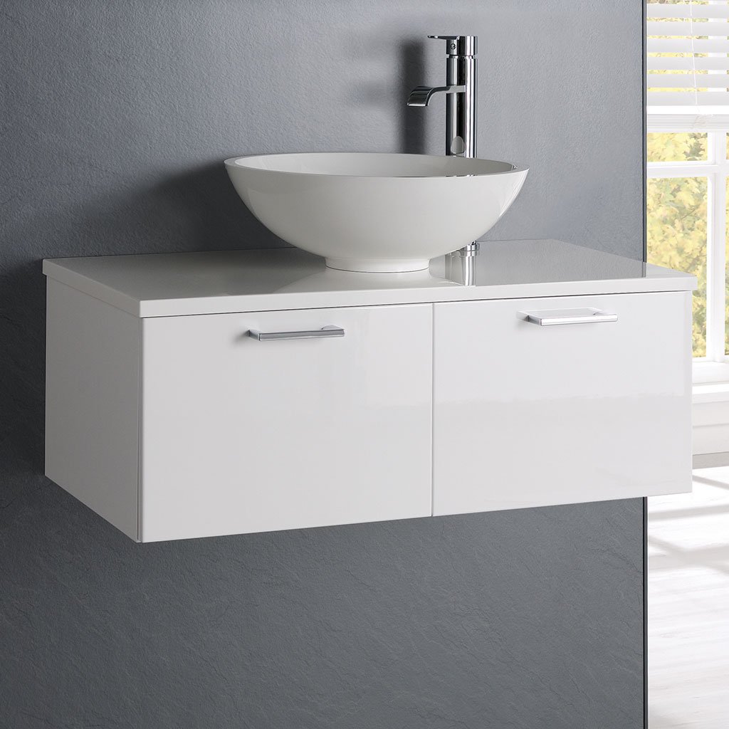 Eastbrook Sorrento 2 Drawer Wall Hung Vanity Unit With 411mm Round Basin And Worktop 760mm Wide No TH High Gloss White