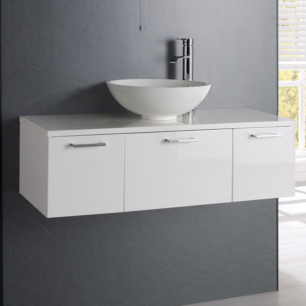Eastbrook Sorrento 3 Drawer Wall Hung Vanity Unit With 411mm Round Basin And Worktop 960mm Wide No TH High Gloss White