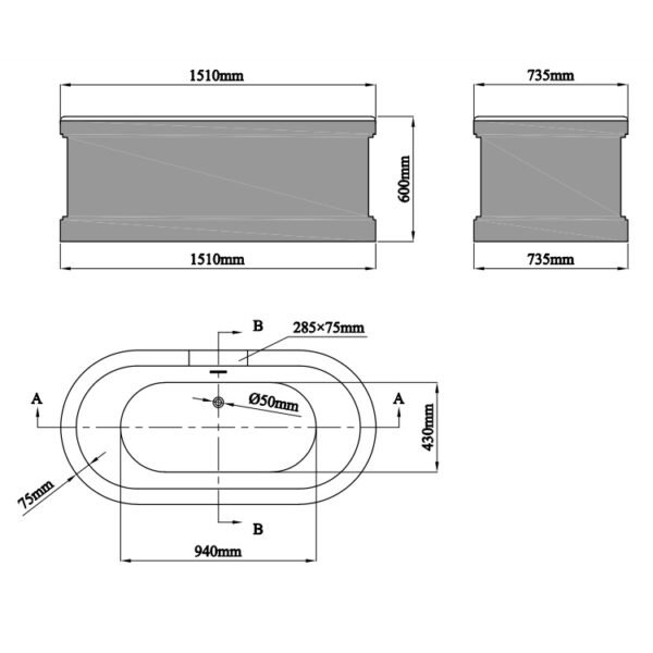 Eastbrook Hampton Freestanding Bath 1510mm x 735mm No TH Matt Grey/White - Image 2