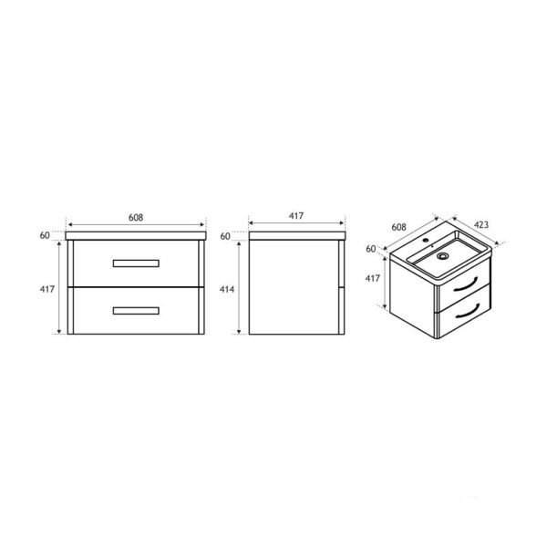 Eastbrook Cavone 2 Drawer Wall Hung Vanity Unit With Basin 600mm Wide 1 Tap Hole - Image 2