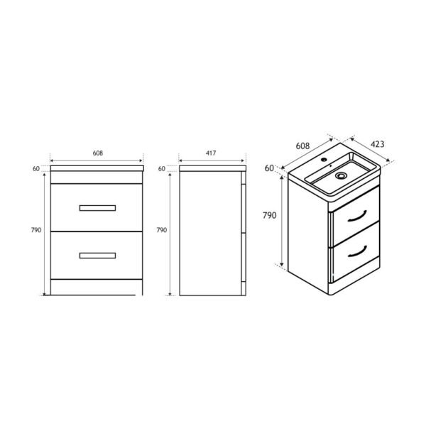 Eastbrook Cavone 2 Drawer Floor Standing Vanity Unit With Basin 600mm Wide 1 Tap Hole Matt Grey - Image 3